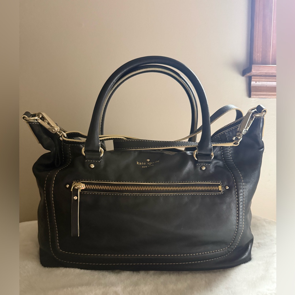 Kate Spade Black Leather Crossbody Satchel Bag With Gold Hardware Accents
